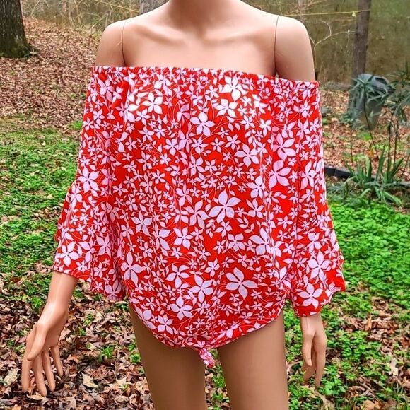 Lane Bryant orange floral off the shoulder blouse - Picture 2 of 9